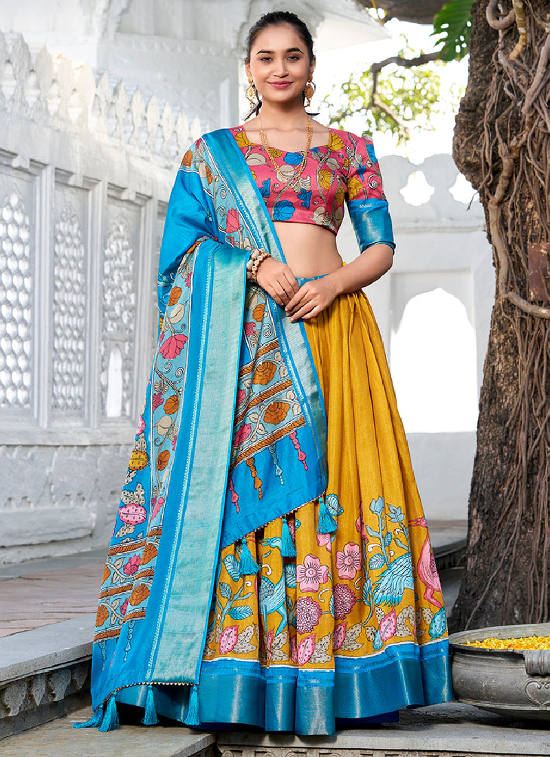 Traditional Dola Silk Kalamkari Printed Yellow Lehenga Choli For Women