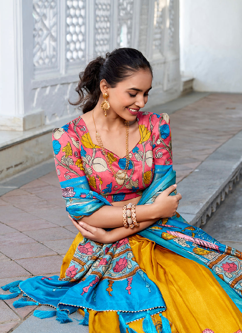 Traditional Dola Silk Kalamkari Printed Yellow Lehenga Choli For Women