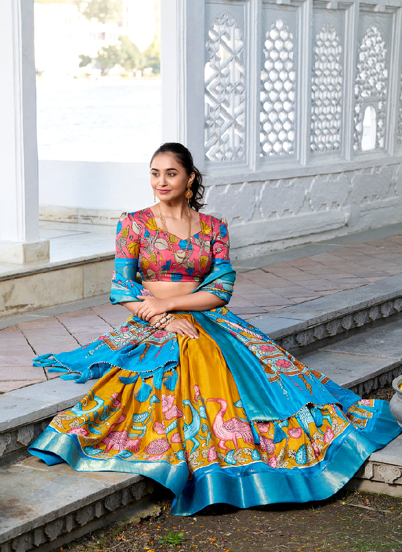 Traditional Dola Silk Kalamkari Printed Yellow Lehenga Choli For Women