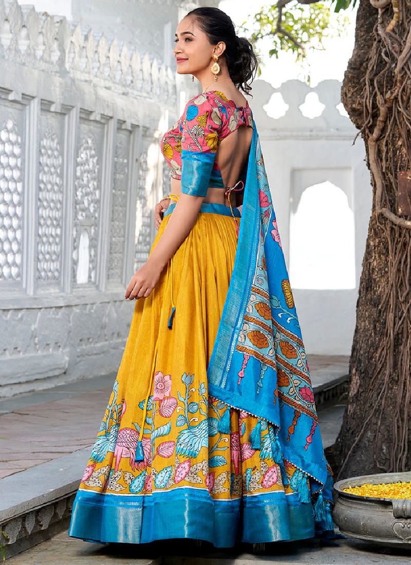 Traditional Dola Silk Kalamkari Printed Yellow Lehenga Choli For Women