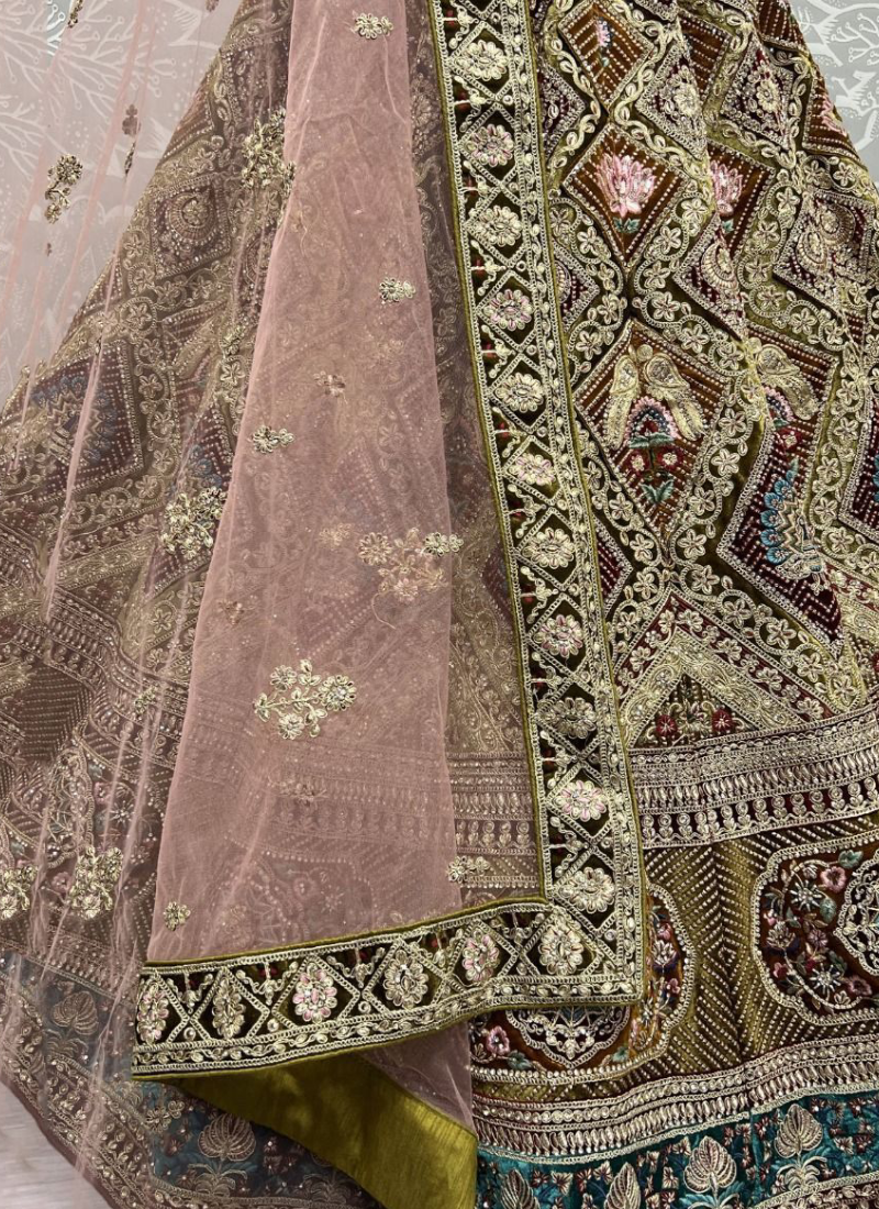 Trending Diamond Work Mehndi Green Velvet Lehenga Choli