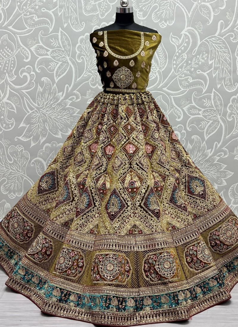 Trending Diamond Work Mehndi Green Velvet Lehenga Choli