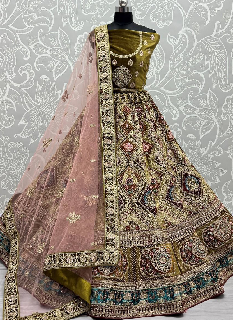 Trending Diamond Work Mehndi Green Velvet Lehenga Choli