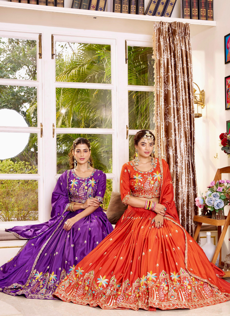 Trending Zari Embroidered Silk Orange Lehenga Choli For Women