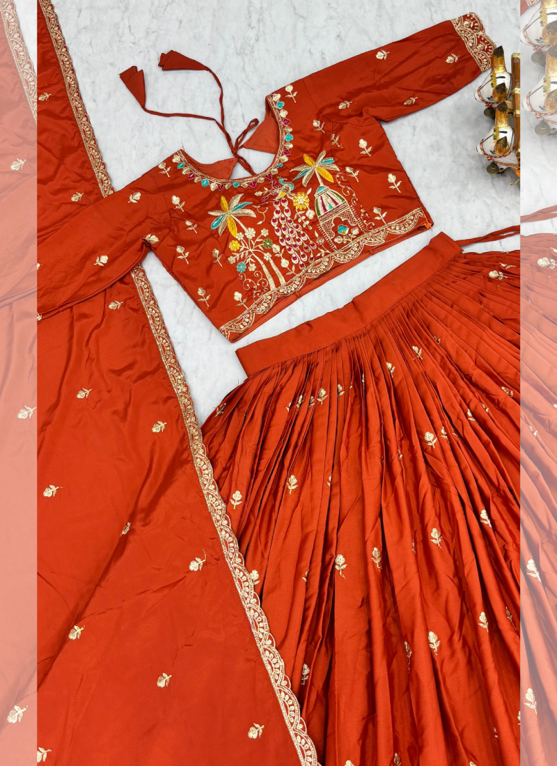 Trending Zari Embroidered Silk Orange Lehenga Choli For Women