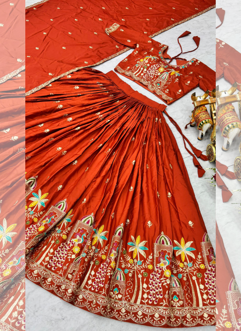 Trending Zari Embroidered Silk Orange Lehenga Choli For Women