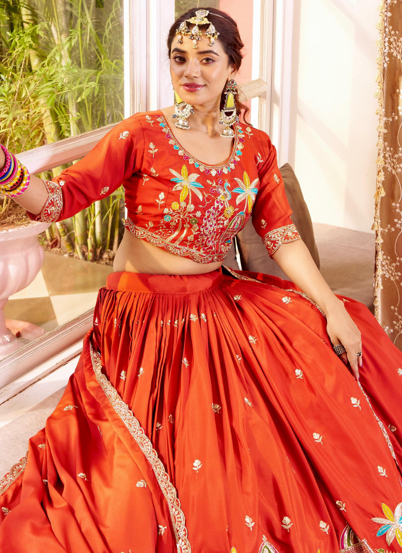 Trending Zari Embroidered Silk Orange Lehenga Choli For Women