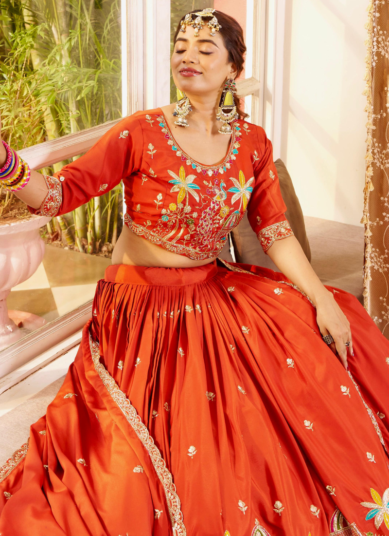 Trending Zari Embroidered Silk Orange Lehenga Choli For Women