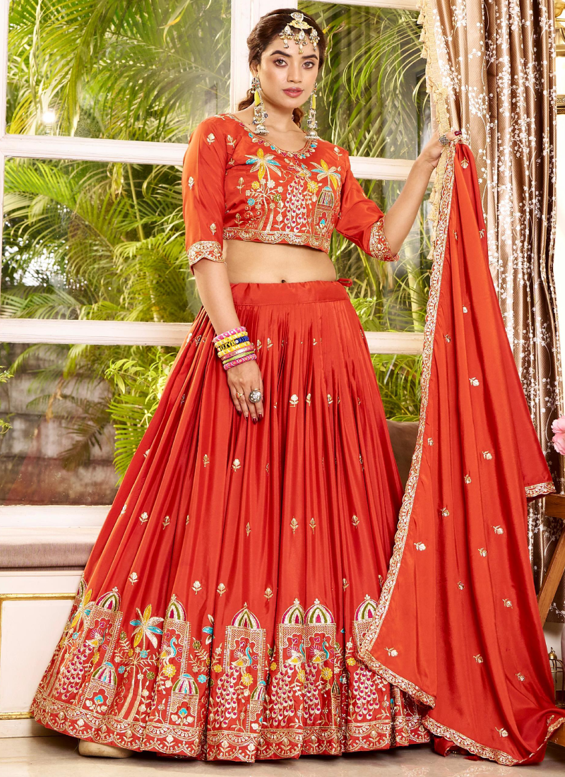 Trending Zari Embroidered Silk Orange Lehenga Choli For Women