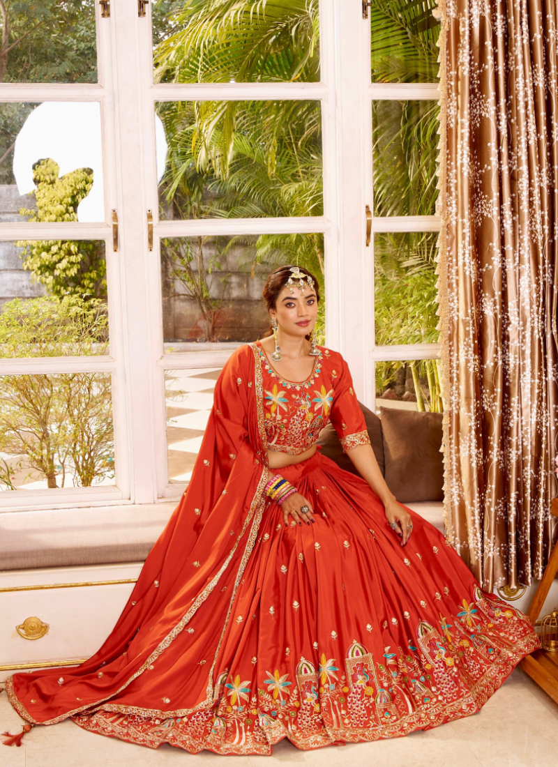Trending Zari Embroidered Silk Orange Lehenga Choli For Women