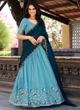 Trending Sky Blue Thread Embroidery Work Silk Lehenga Choli For Women