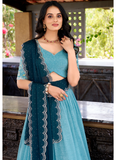 Trending Sky Blue Thread Embroidery Work Silk Lehenga Choli For Women
