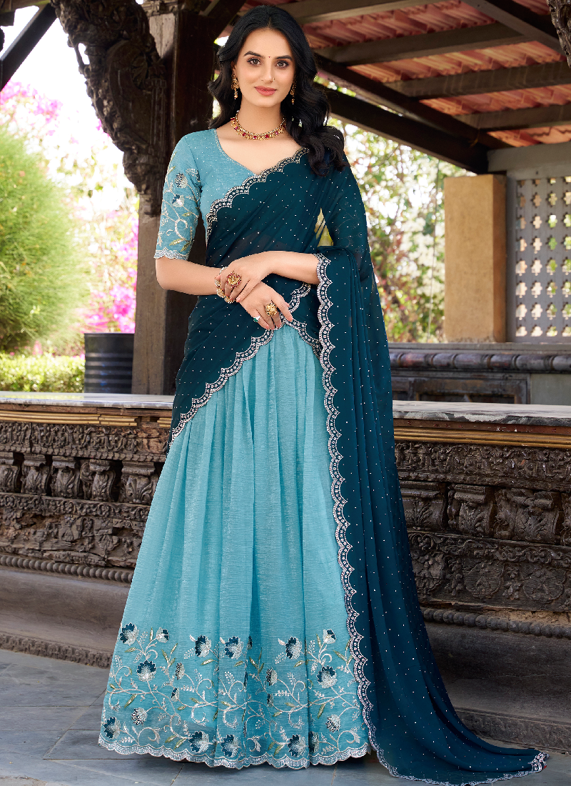 Trending Sky Blue Thread Embroidery Work Silk Lehenga Choli For Women
