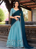 Trending Sky Blue Thread Embroidery Work Silk Lehenga Choli For Women