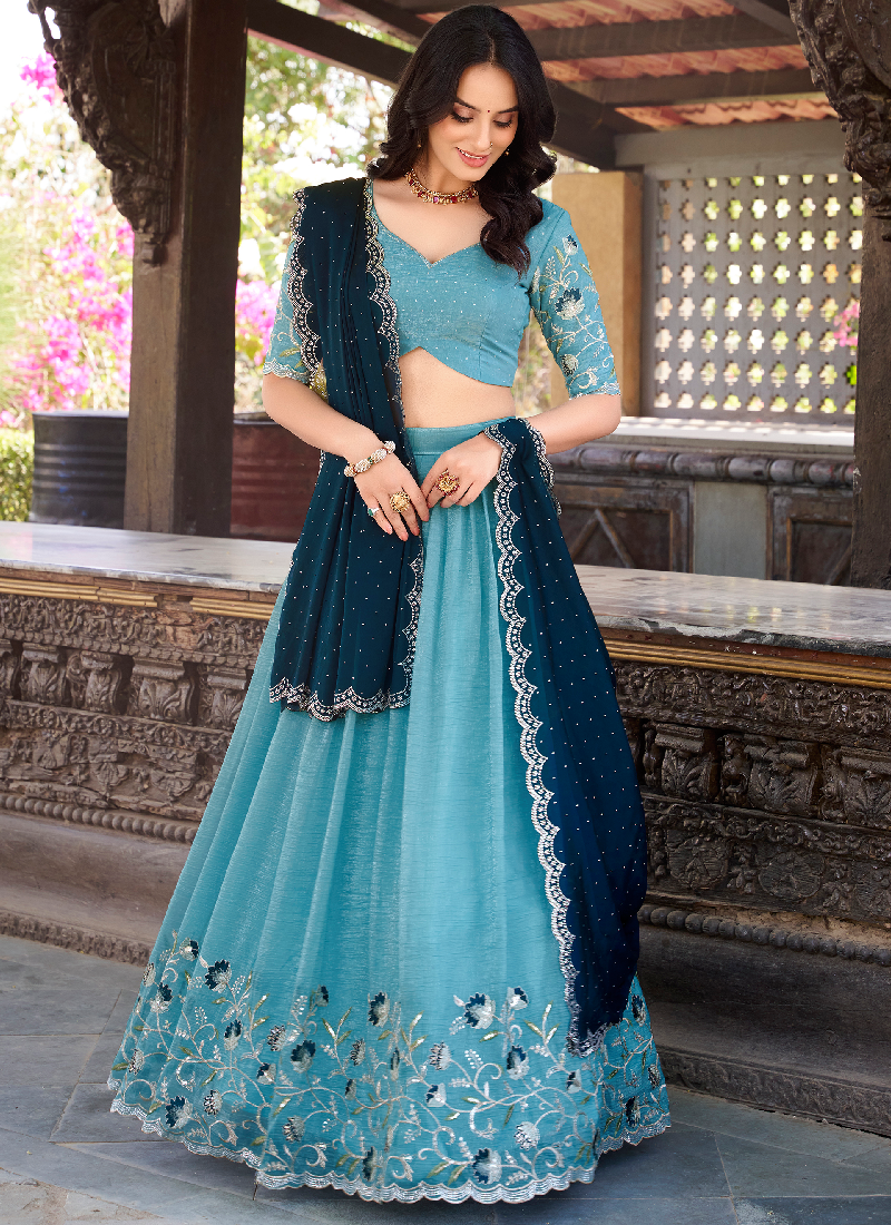 Trending Sky Blue Thread Embroidery Work Silk Lehenga Choli For Women