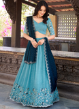 Trending Sky Blue Thread Embroidery Work Silk Lehenga Choli For Women
