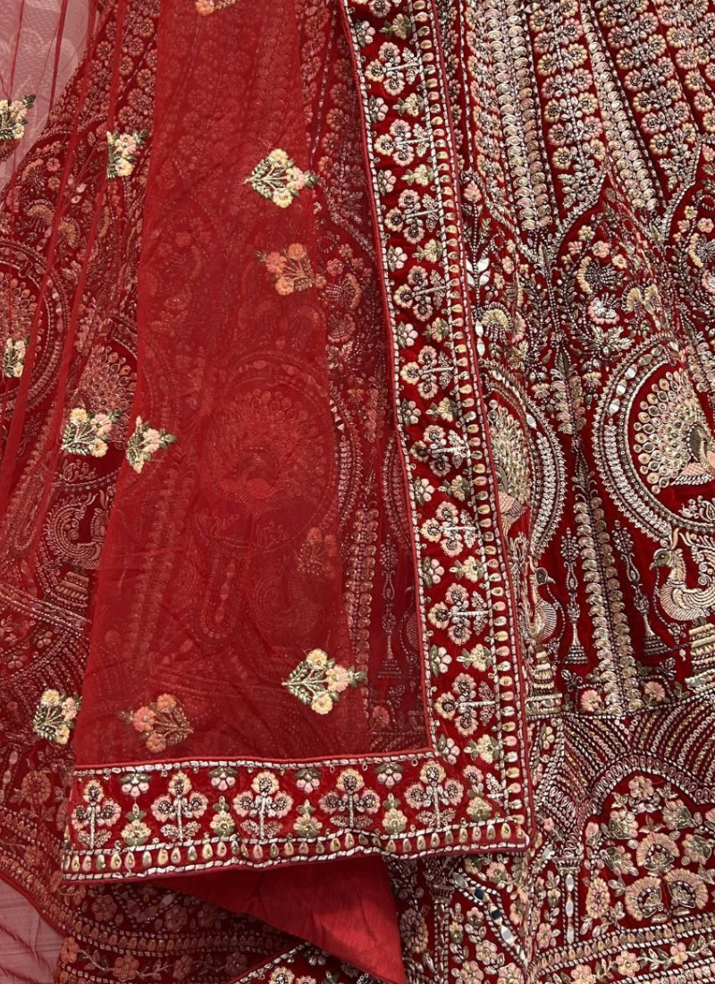 Unique Bridal Wear Red Velvet Dori Embroidered Lehenga Choli