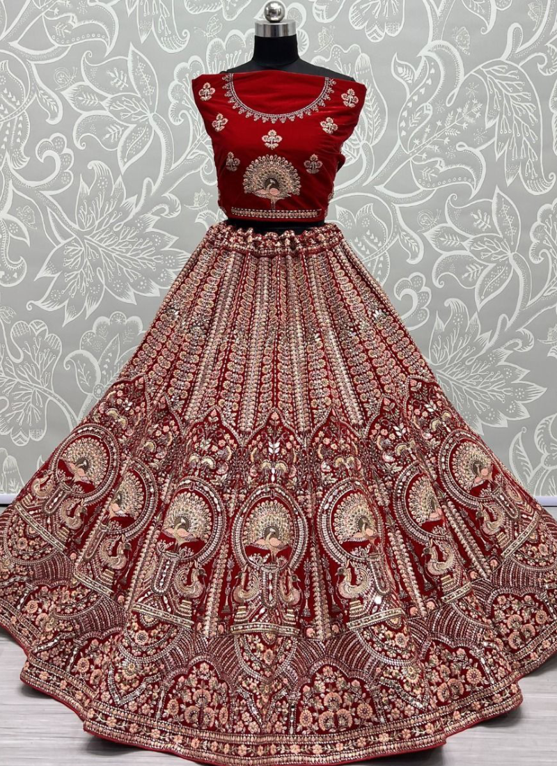 Unique Bridal Wear Red Velvet Dori Embroidered Lehenga Choli