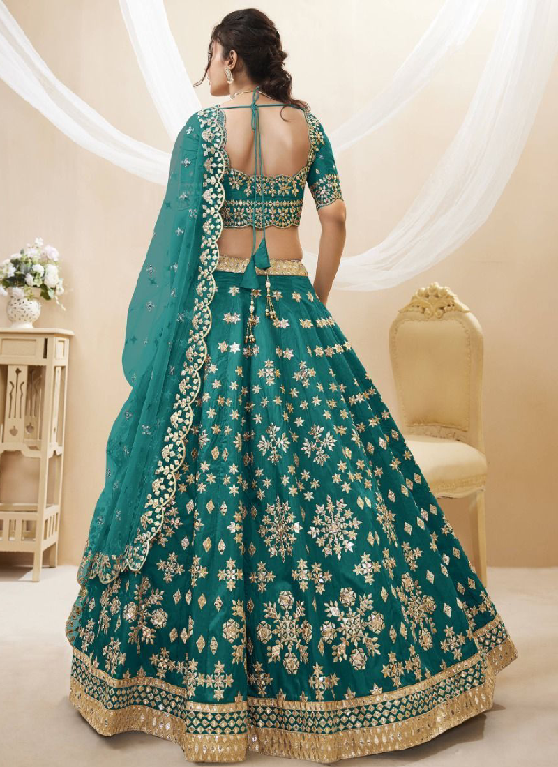 Unique Foil Mirror Work Mulberry Silk Teal Green Lehenga Choli