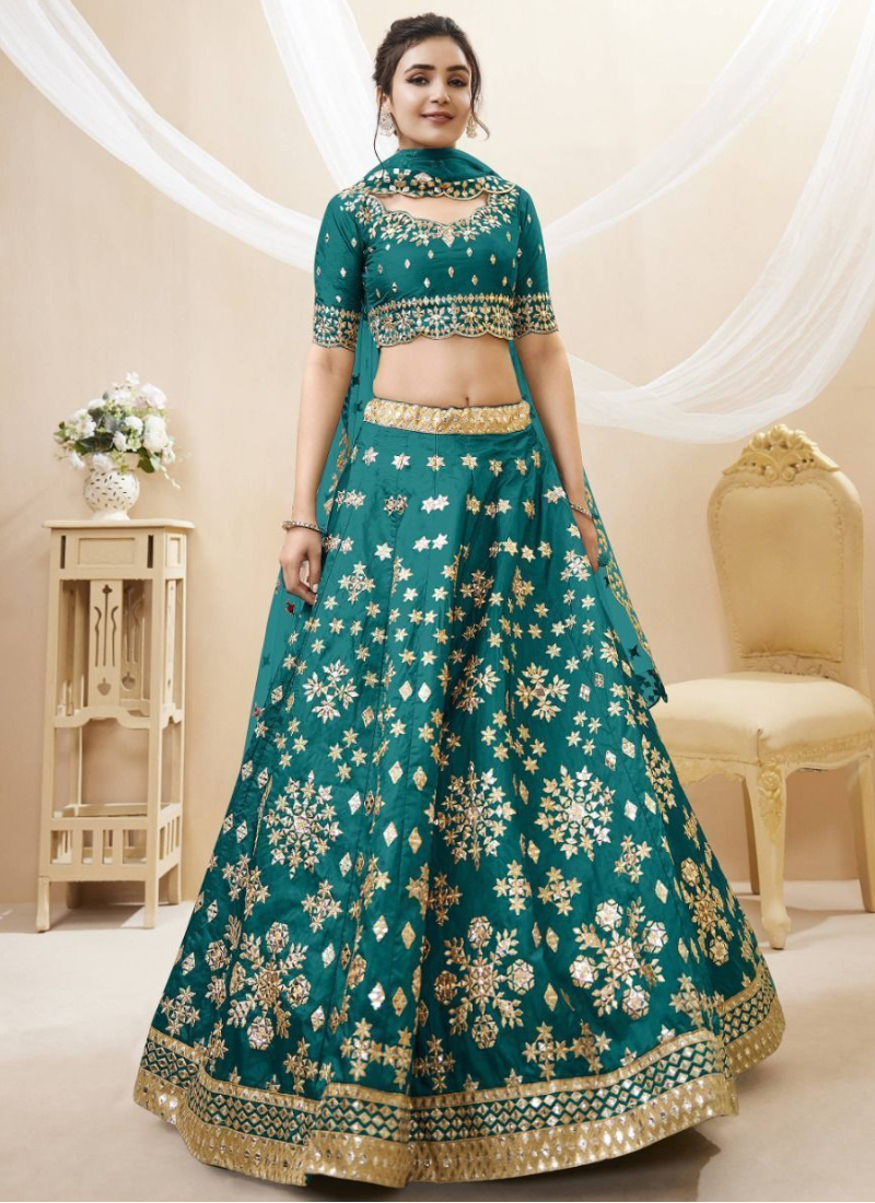 Unique Foil Mirror Work Mulberry Silk Teal Green Lehenga Choli