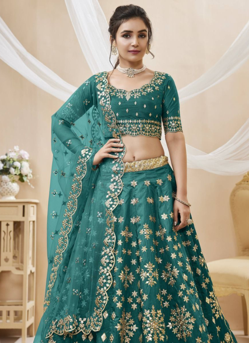 Unique Foil Mirror Work Mulberry Silk Teal Green Lehenga Choli