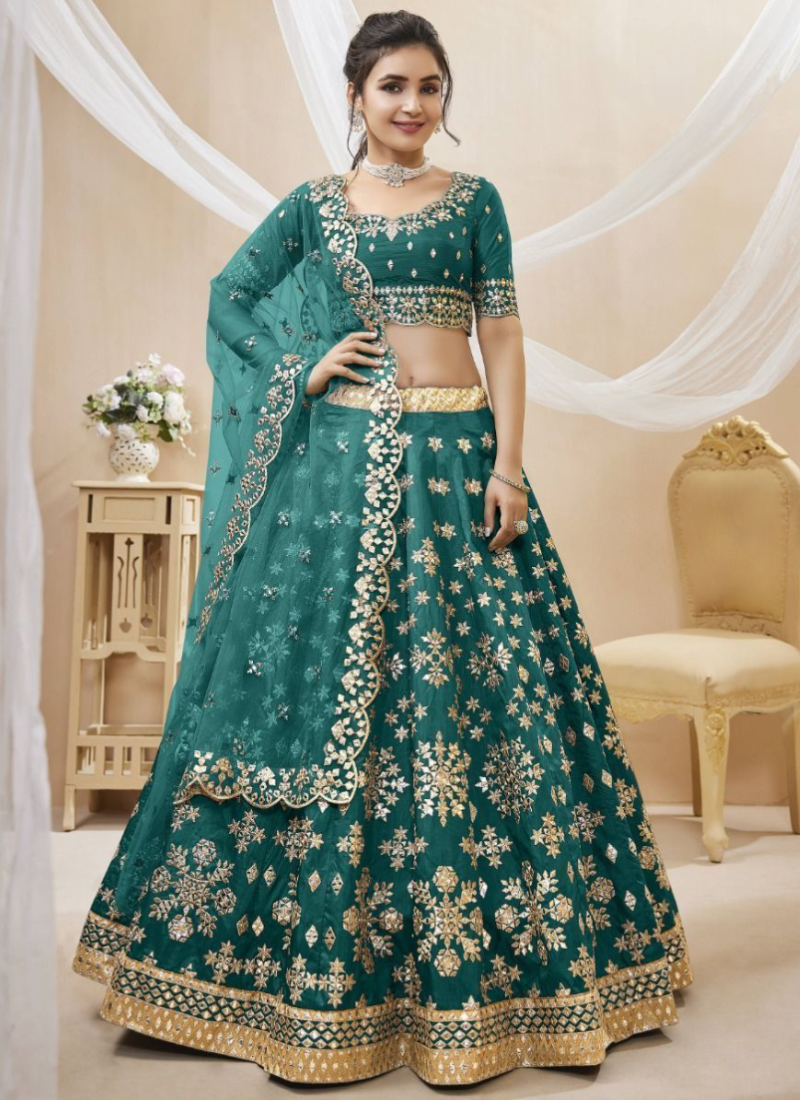 Unique Foil Mirror Work Mulberry Silk Teal Green Lehenga Choli