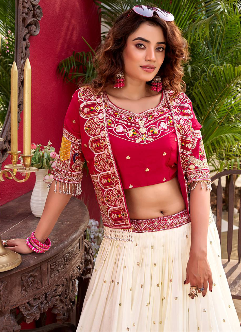 Vichirta Silk Beige Lehenga With Heavy Embroidered Maroon Blouse Koti