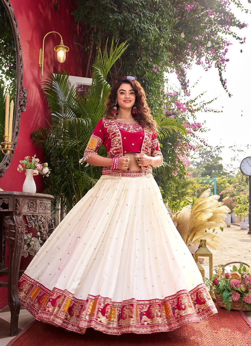 Vichirta Silk Beige Lehenga With Heavy Embroidered Maroon Blouse Koti