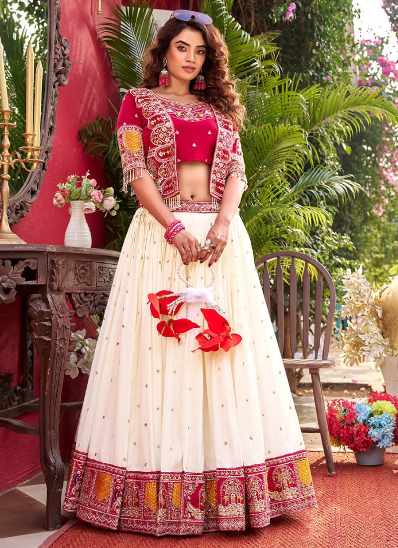 Vichirta Silk Beige Lehenga With Heavy Embroidered Maroon Blouse Koti