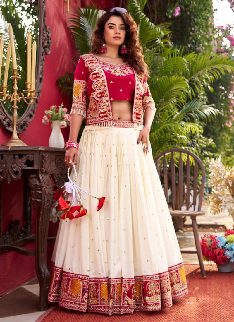 Vichirta Silk Beige Lehenga With Heavy Embroidered Maroon Blouse Koti