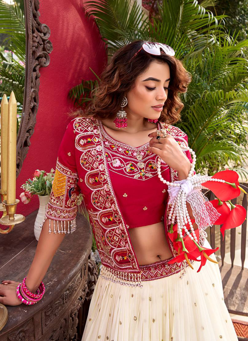 Vichirta Silk Beige Lehenga With Heavy Embroidered Maroon Blouse Koti