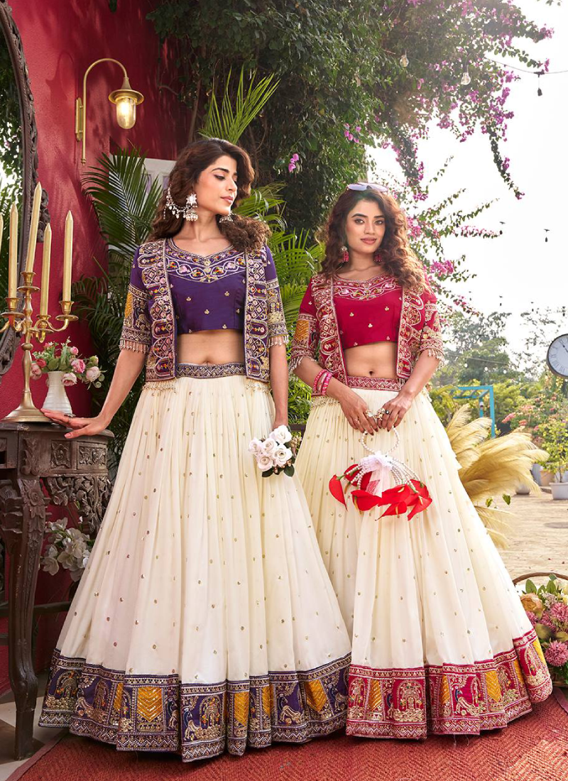 Purple Heavy Embroidered Blouse And Jacket With Beige Silk Lehenga