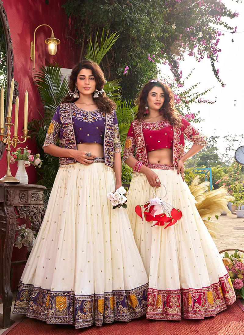 Purple Heavy Embroidered Blouse And Jacket With Beige Silk Lehenga