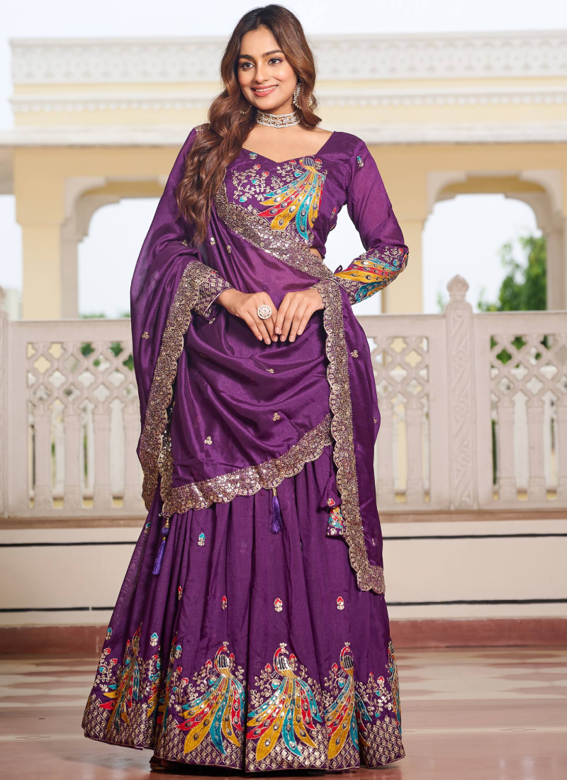 Vichitra Silk Sequence Embroidered Purple Lehenga Choli For Women