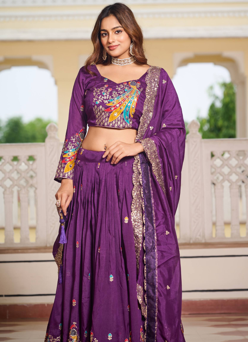 Vichitra Silk Sequence Embroidered Purple Lehenga Choli For Women