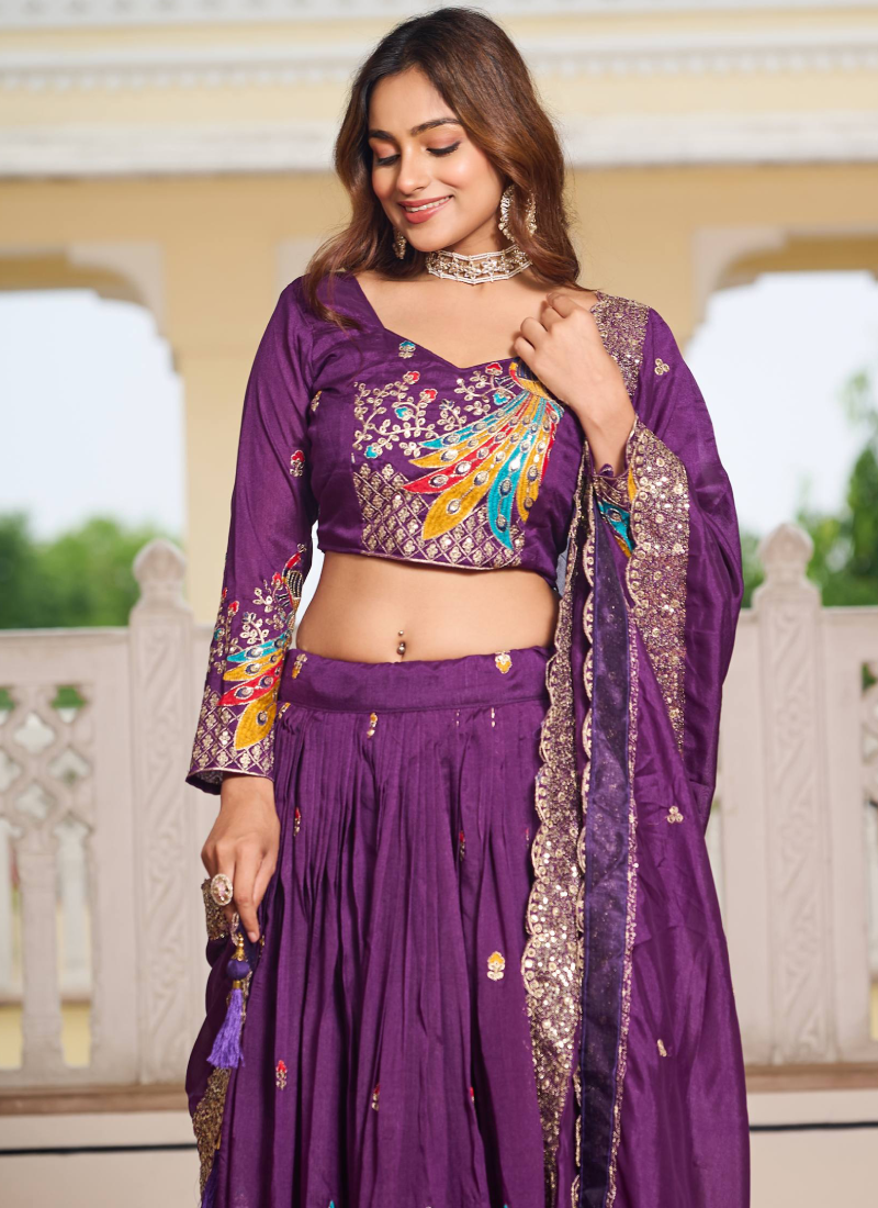 Vichitra Silk Sequence Embroidered Purple Lehenga Choli For Women