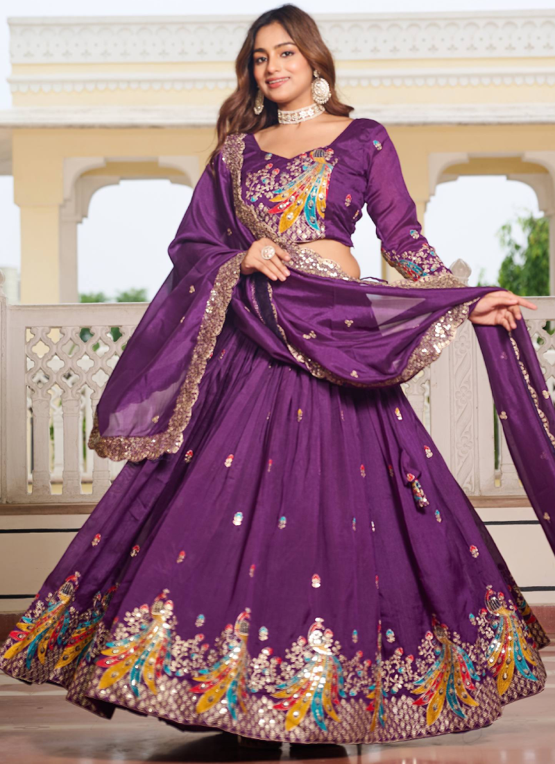 Vichitra Silk Sequence Embroidered Purple Lehenga Choli For Women