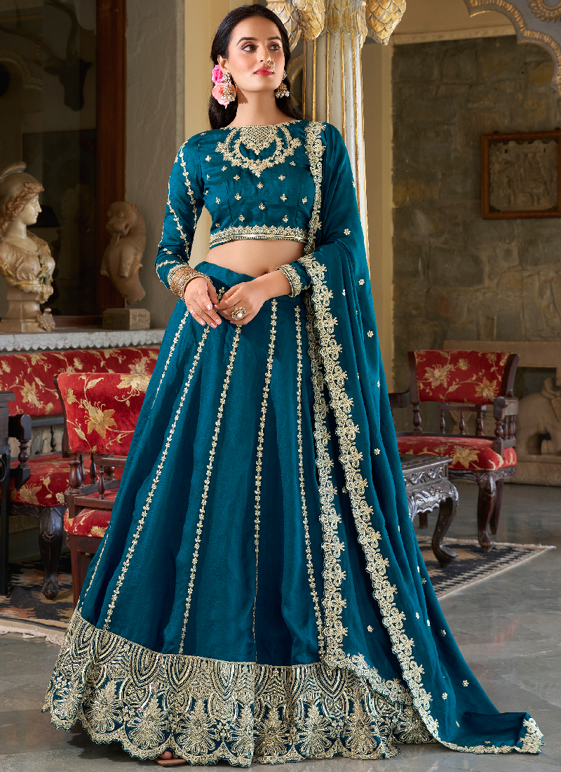 Vichitra Silk Sequence Embroidery Teal Blue Wedding Wear Lehenga Choli