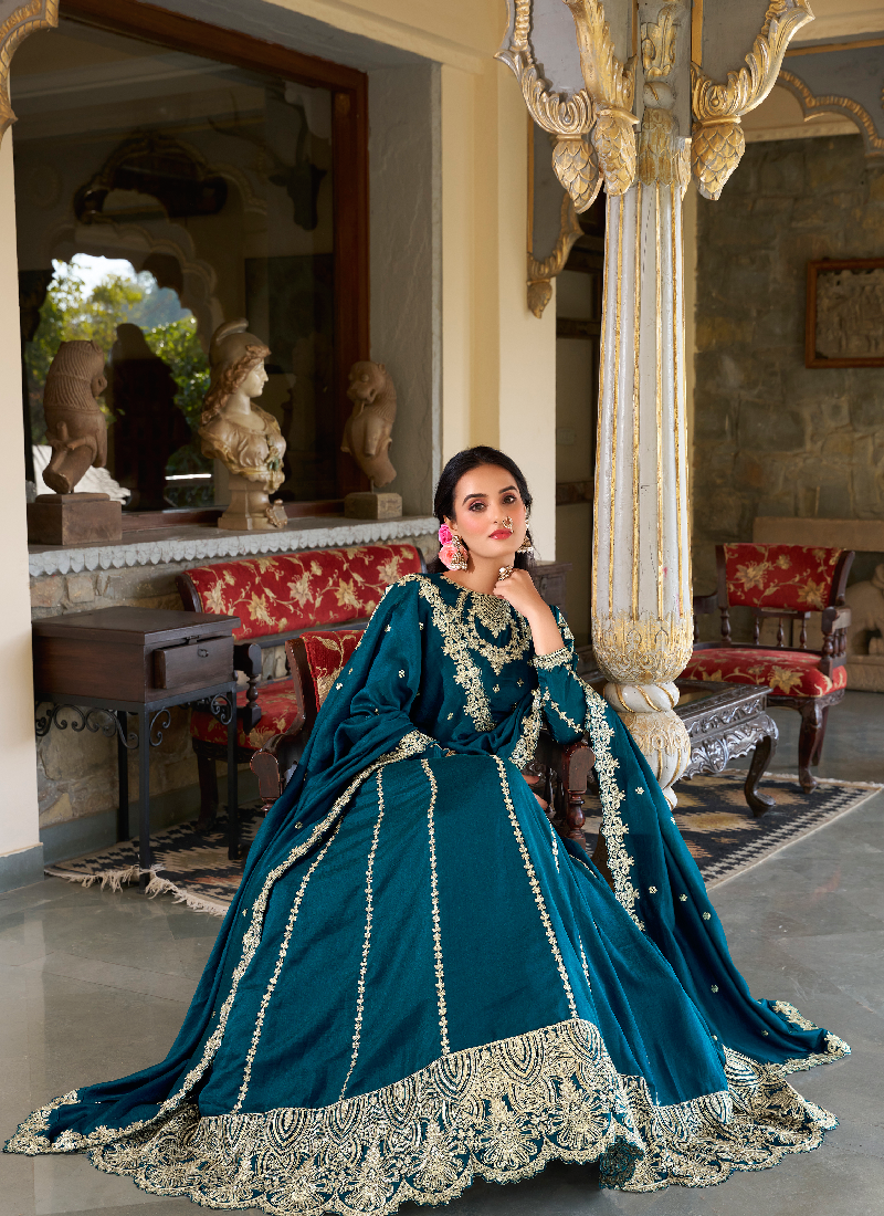 Vichitra Silk Sequence Embroidery Teal Blue Wedding Wear Lehenga Choli
