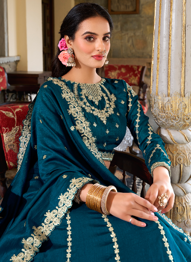 Vichitra Silk Sequence Embroidery Teal Blue Wedding Wear Lehenga Choli