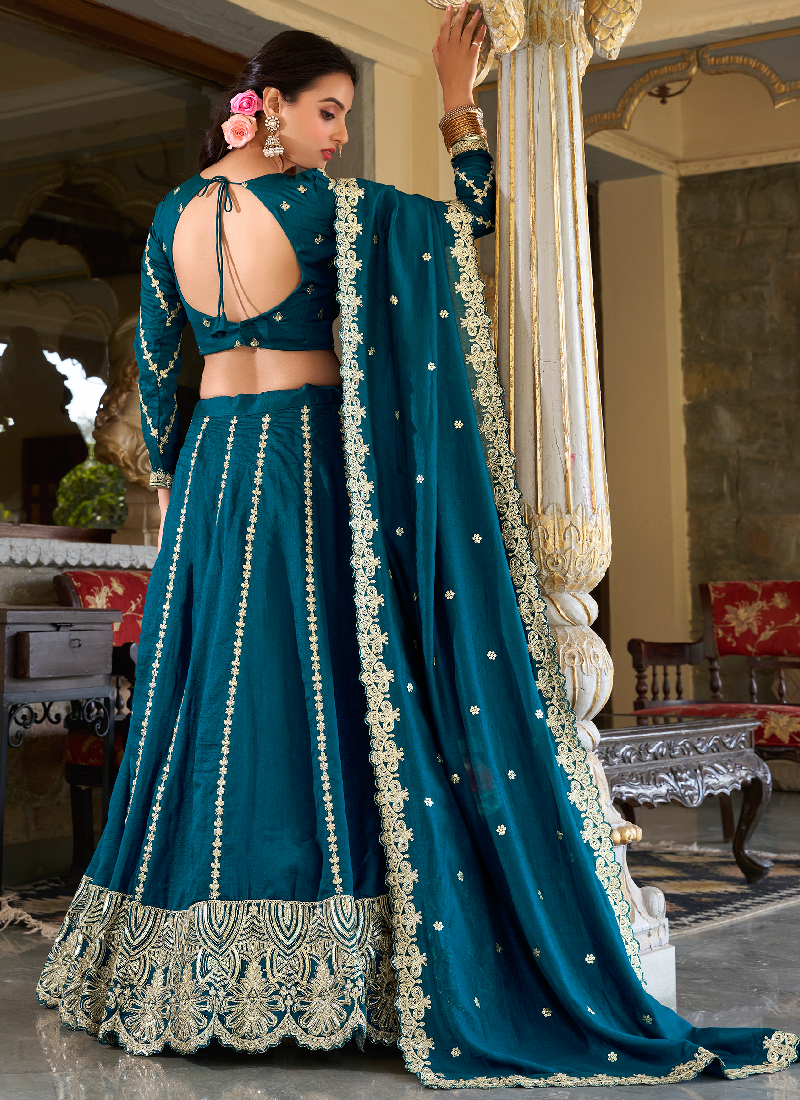 Vichitra Silk Sequence Embroidery Teal Blue Wedding Wear Lehenga Choli