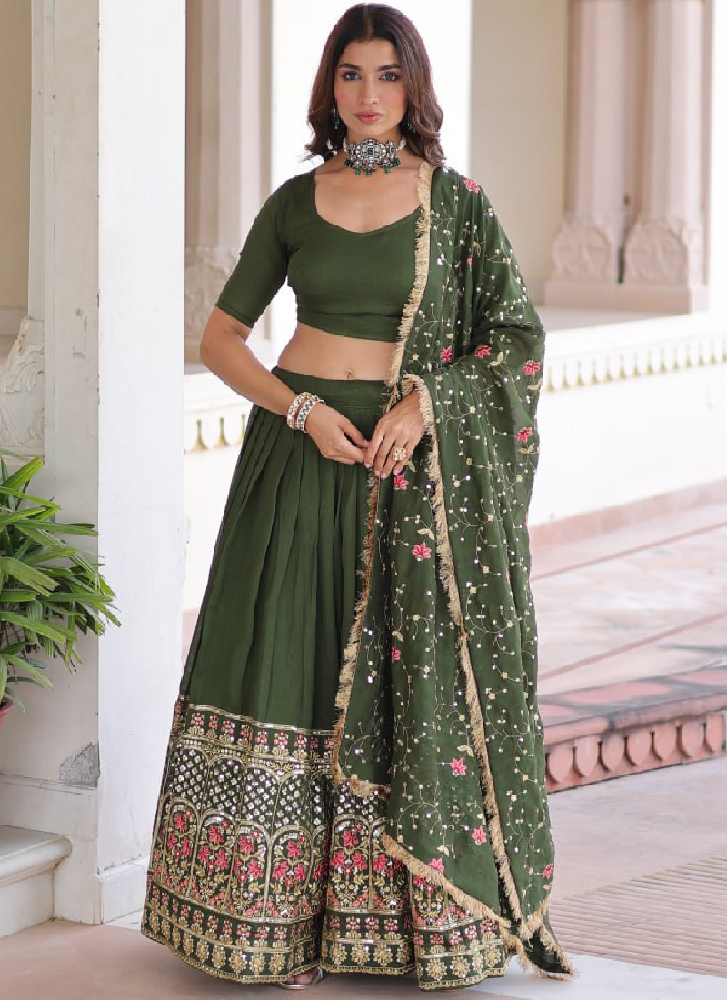 Vichitra Silk Sequence Work Green Lehenga Choli For Mehendi Function
