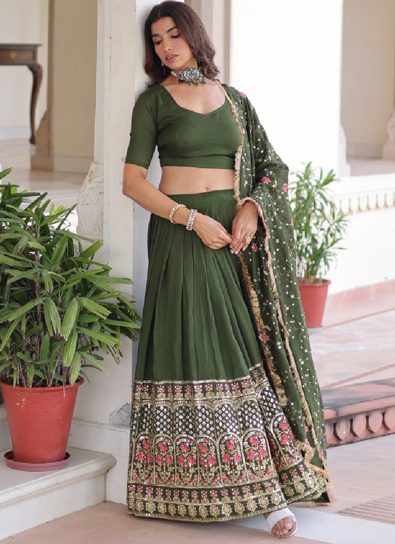 Vichitra Silk Sequence Work Green Lehenga Choli For Mehendi Function