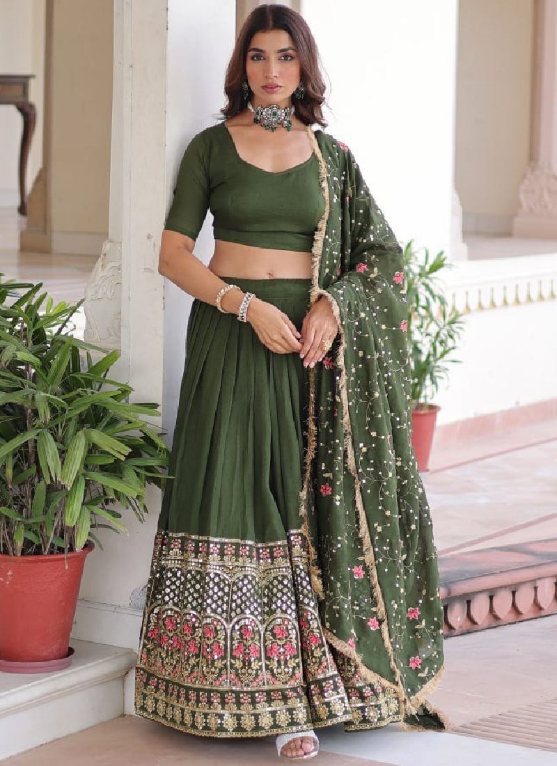 Vichitra Silk Sequence Work Green Lehenga Choli For Mehendi Function