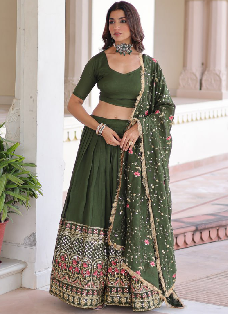 Vichitra Silk Sequence Work Green Lehenga Choli For Mehendi Function
