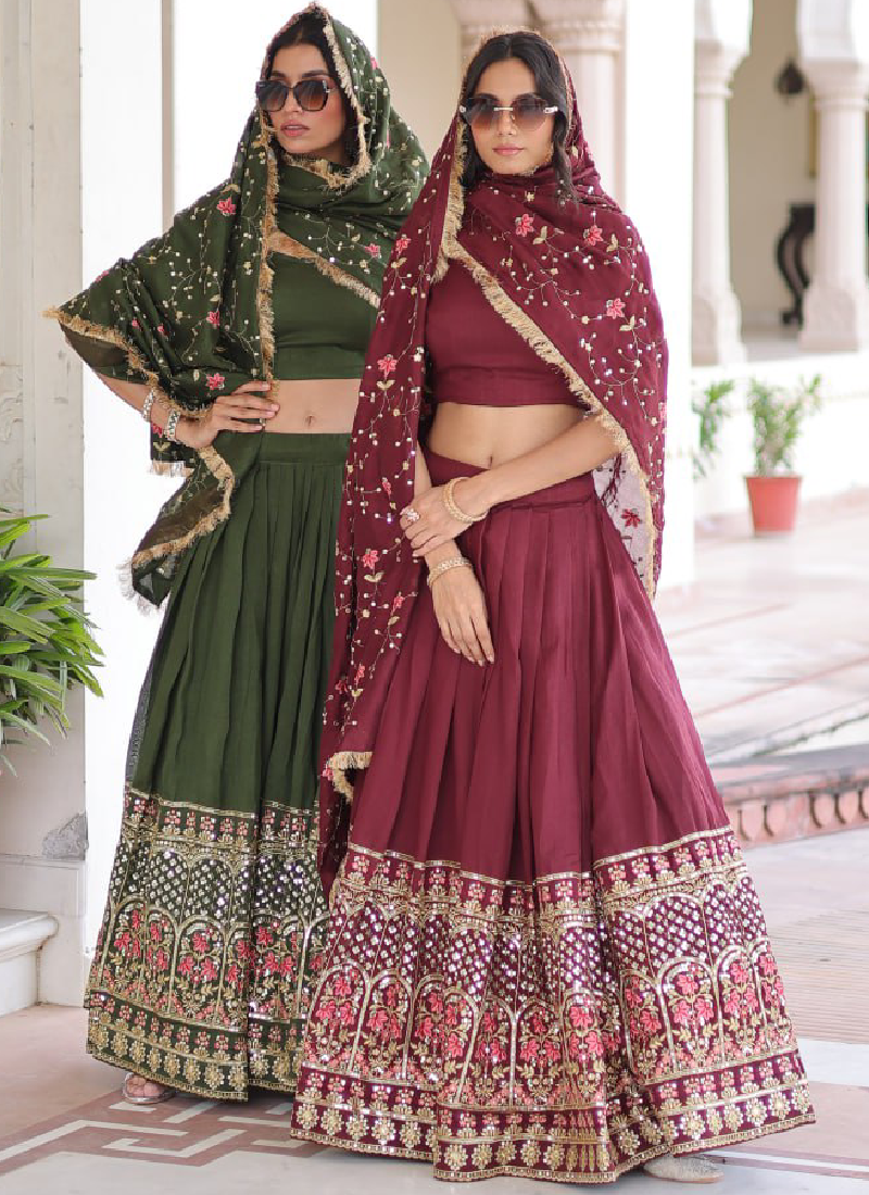 Outstanding Vichitra Silk Thread Embroidered Maroon Lehenga Choli Set