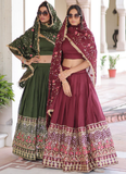 Outstanding Vichitra Silk Thread Embroidered Maroon Lehenga Choli Set