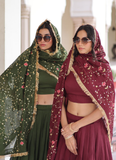Outstanding Vichitra Silk Thread Embroidered Maroon Lehenga Choli Set