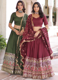 Outstanding Vichitra Silk Thread Embroidered Maroon Lehenga Choli Set
