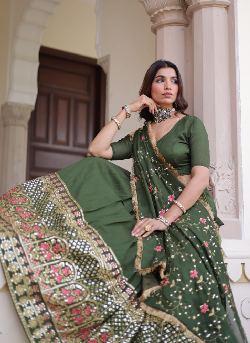 Vichitra Silk Sequence Work Green Lehenga Choli For Mehendi Function
